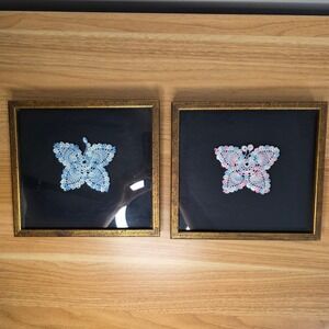 Vintage Handmade Framed Crocheted Butterfly‎ Art Blue Pink White Qty 2 1976